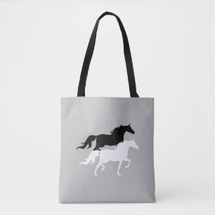 Bolso De Tela Siluetas de caballos en blanco y negro sobre gris