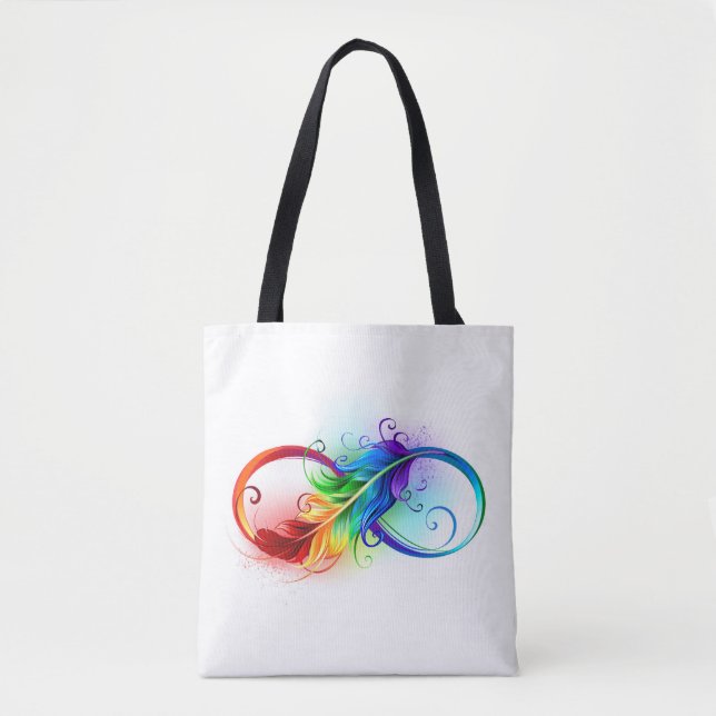 Bolso De Tela Símbolo infinito con plumas arcoiris (Anverso)