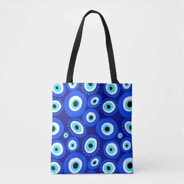 Bolso De Tela Símbolo ocular griego patrón blanco azul (Anverso)