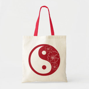 Bolso De Tela Símbolo Yin Yang de flor tropical roja