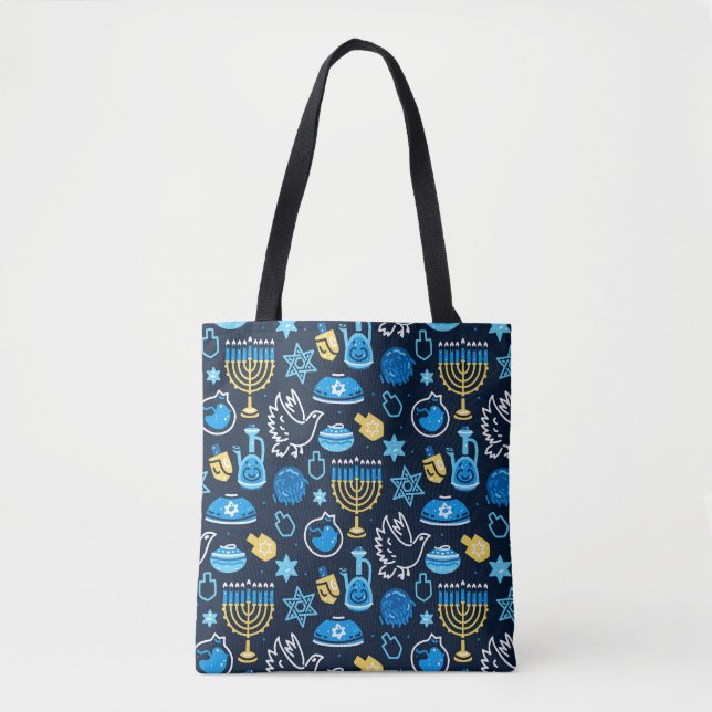 Bolso De Tela Símbolos de Hanukkah Patrón azul (Anverso)