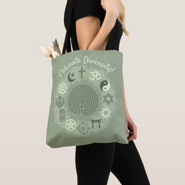 Bolso De Tela Símbolos interreligiosos (Sage Green) (Detalle)
