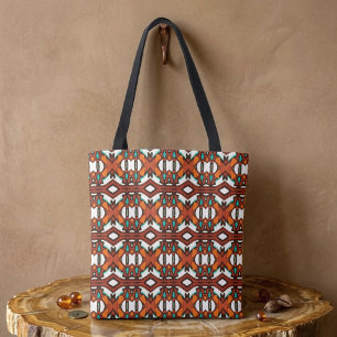Bolso De Tela Simetría tribal naranja, turquesa y marrón