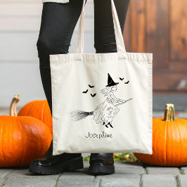 Bolso De Tela Simple Bruja Y Nombre Con Bats Line Art Halloween