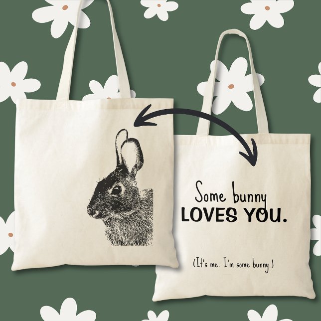 Bolso De Tela Simple conejo de Pascua negro mínimo (Stamped black rabbit "some bunny loves you" bunny bag is a great plastic-free alternative.)