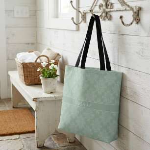 Bolso De Tela Simple Moderno Blanco Floral Damask Verde Salvia C