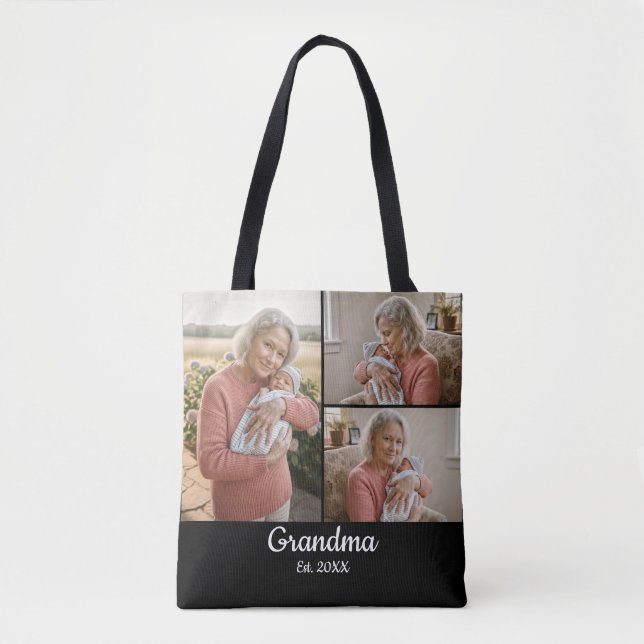 Bolso De Tela Simple Script Grandma Est. 3 Photo Year (Anverso)
