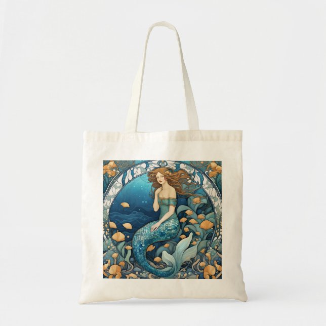 Bolso De Tela Sirena Art Nouveau Aqua Azul Turquesa Art Deco (Frente)