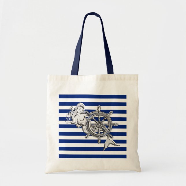 Bolso De Tela Sirena cromada de estilo en franjas náuticas (Frente)