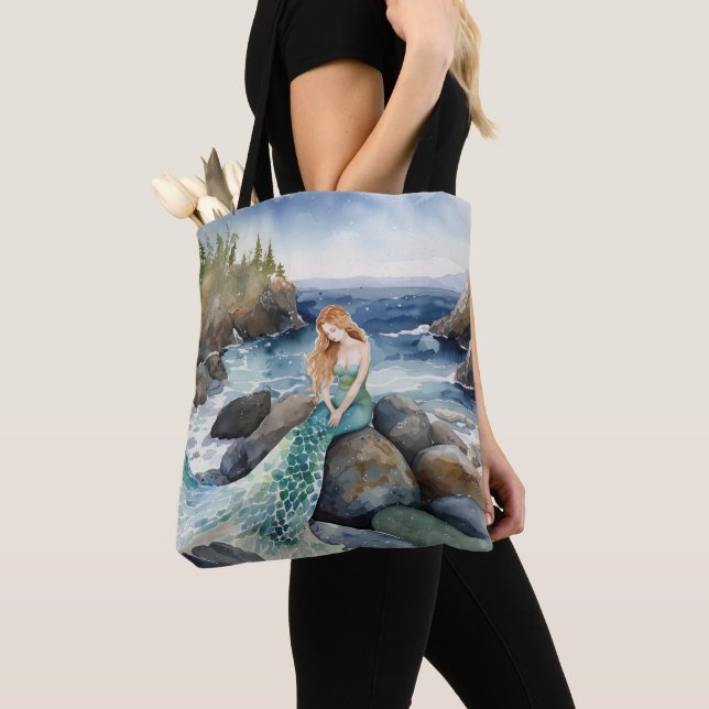 Bolso De Tela Sirena De Acuarela Sobre Las Rocas Del Océano (Detalle)