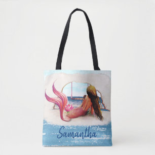 Bolso De Tela Sirena de la playa nombre acuarela afroamericana