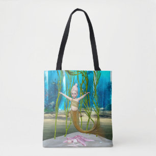 Bolso De Tela Sirena Pequeña Fantasía Niña, Océano Azul