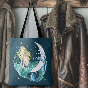 Bolso De Tela Sirena Rubia Luna Creciente Arte Fantasía Deco