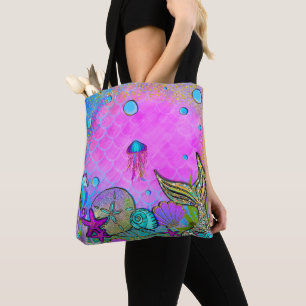 Bolso De Tela Sirenas y conchas marinas bajo el mar brillo rosa