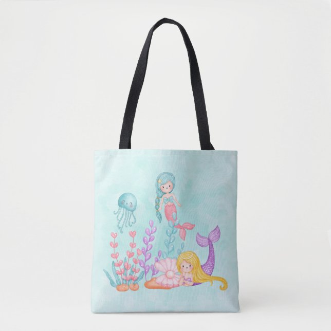 Bolso De Tela Sirenas y medusas bajo la acuarela del mar (Anverso)