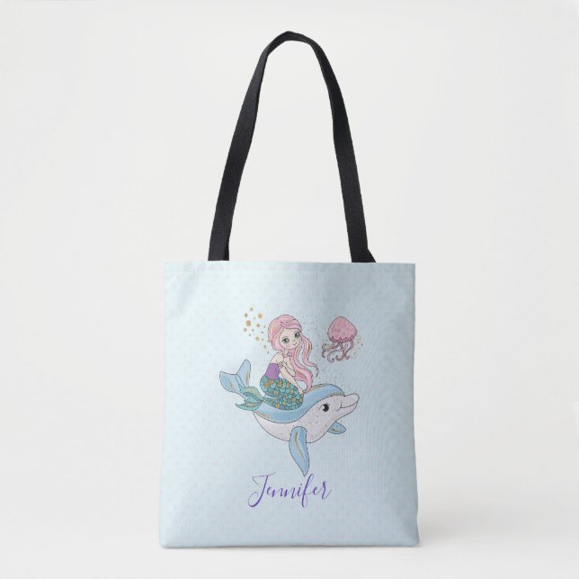 Bolso De Tela Sirenita descubierta con delfín bajo el mar (Anverso)