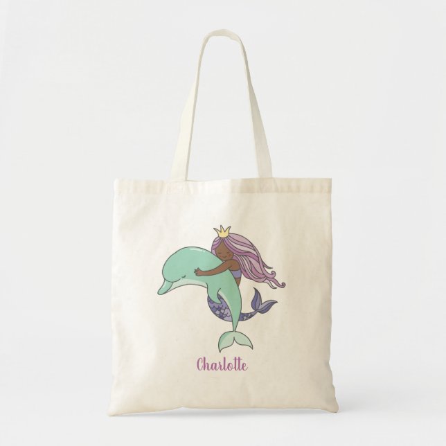 Bolso De Tela Sirenita morada de piel oscura con delfín (Frente)