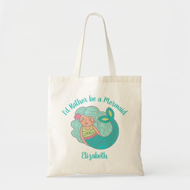 Bolso De Tela Sirenita Verde azulada mágica personalizada (Frente)