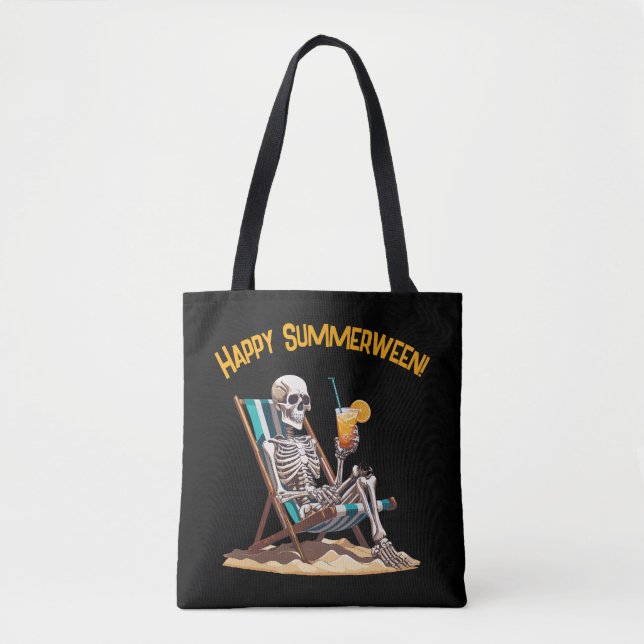 Bolso De Tela Skeleton Beach Lounging Halloween (Anverso)
