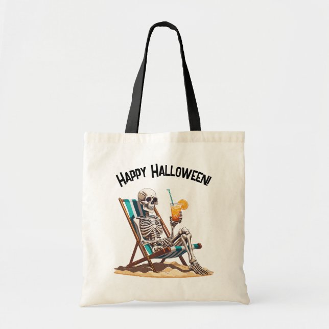 Bolso De Tela Skeleton Beach Lounging Halloween (Frente)