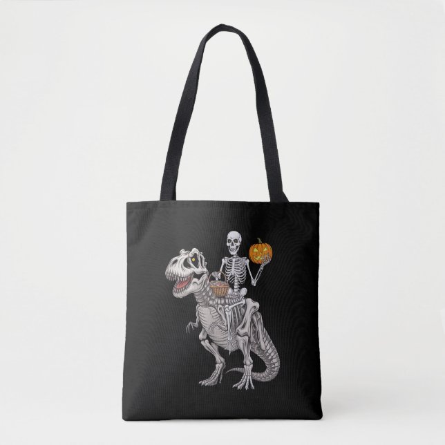 Bolso De Tela Skeleton Riding Mummy Dinosaur T rex Halloween (Anverso)