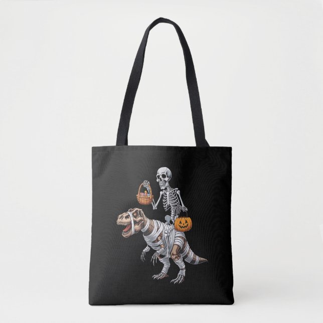 Bolso De Tela Skeleton Riding Mummy Dinosaur T rex Halloween Div (Anverso)