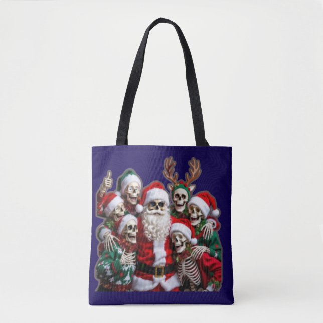 Bolso De Tela Skeleton Santa Christmas Group Photo – Festive 3D  (Anverso)