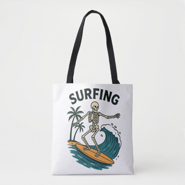 Bolso De Tela Skeleton Surfing Retro Beach Wave Design (Anverso)
