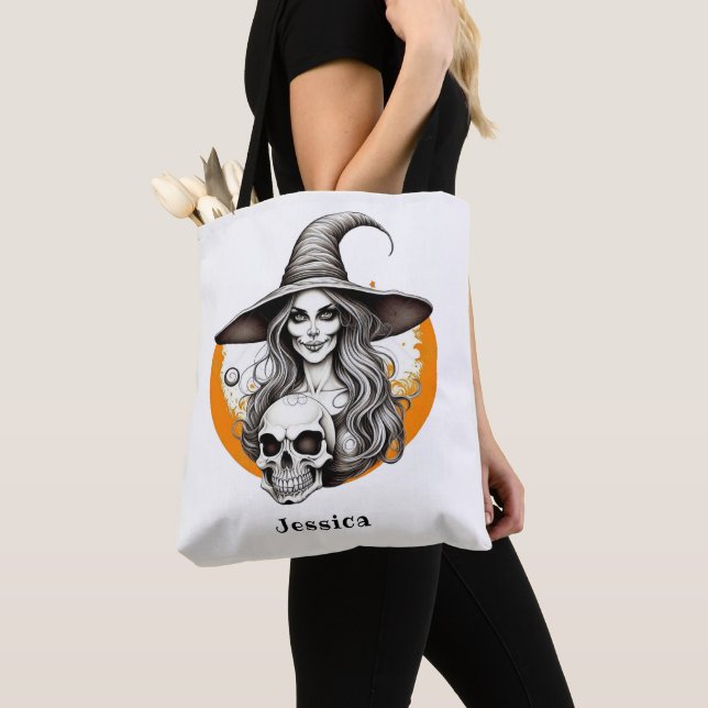Bolso De Tela Skeleton Witch Halloween Arte Realista (Detalle)