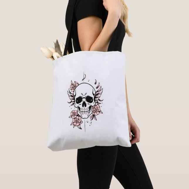 Bolso De Tela Skull and Flower Tote Bag | Edgy Floral Design (Detalle)