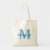 Sky Blue Monograma Black Script Name Tote Bag