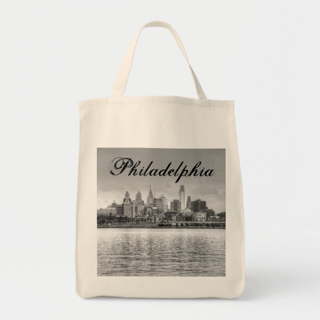 Bolso De Tela Skyline Filadelfia en blanco y negro (Frente)