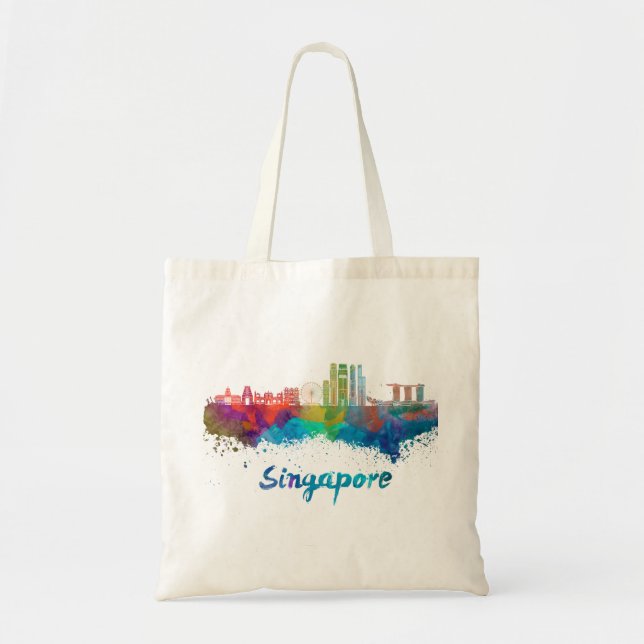 Bolso De Tela Skyline V2 de Singapur en acuarela (Frente)