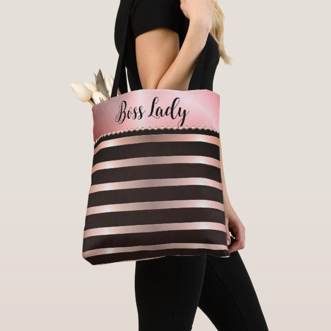 Bolso De Tela Sleek Pink Striped Bosped Lady Tote (Detalle)
