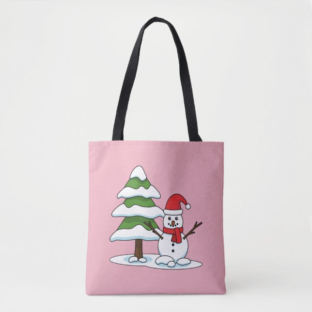 Bolso De Tela Snowman con un árbol de pino con nieve (Anverso)
