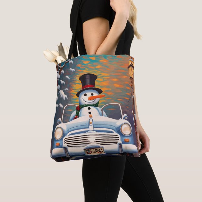 Bolso De Tela Snowman in a convertible car (Detalle)