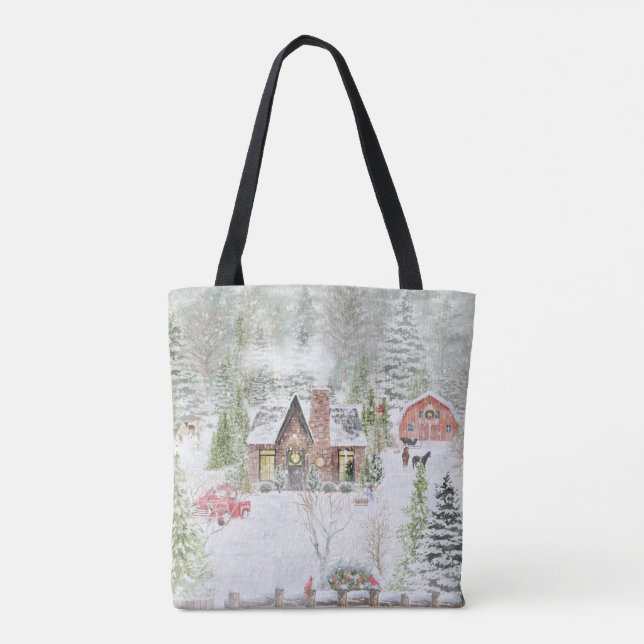 Bolso De Tela Snowy Winter Navidades Cabin Scene (Reverso)