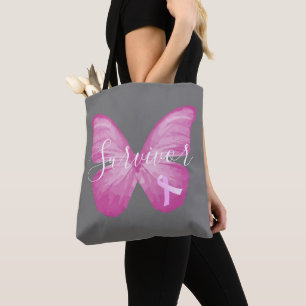 Bolso De Tela Sobreviviente de cáncer de mama con mariposa rosa
