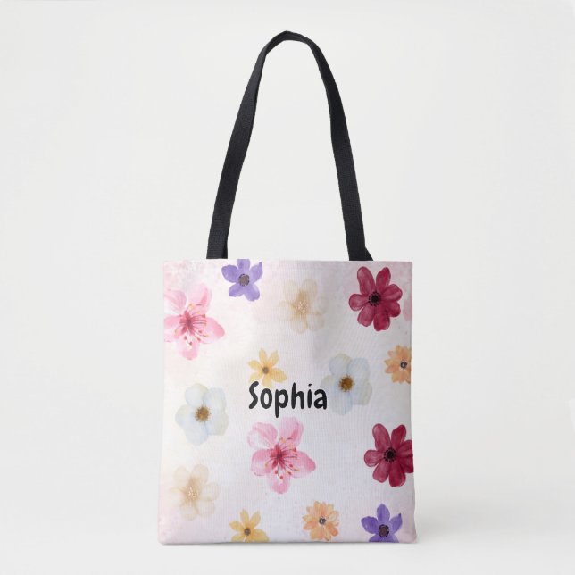 Bolso De Tela Soft Watercolor Floral Personalized Name (Anverso)