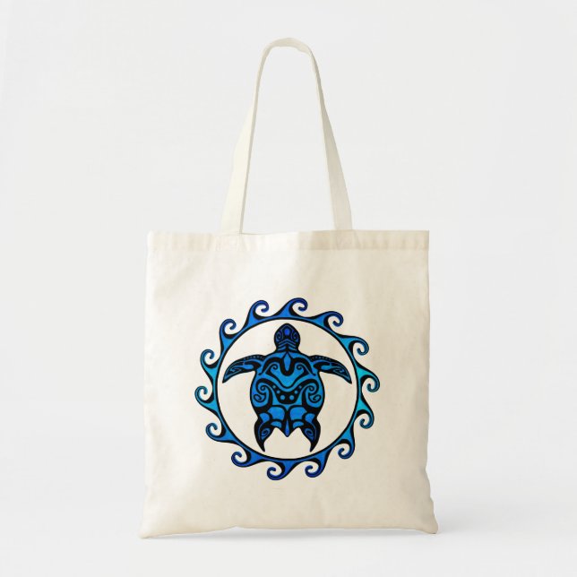 Bolso De Tela Sol azul de tortuga tribal (Frente)