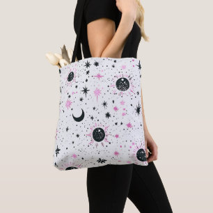 Bolso De Tela Sol Luna Estrellas Celestiales Negro y Rosa
