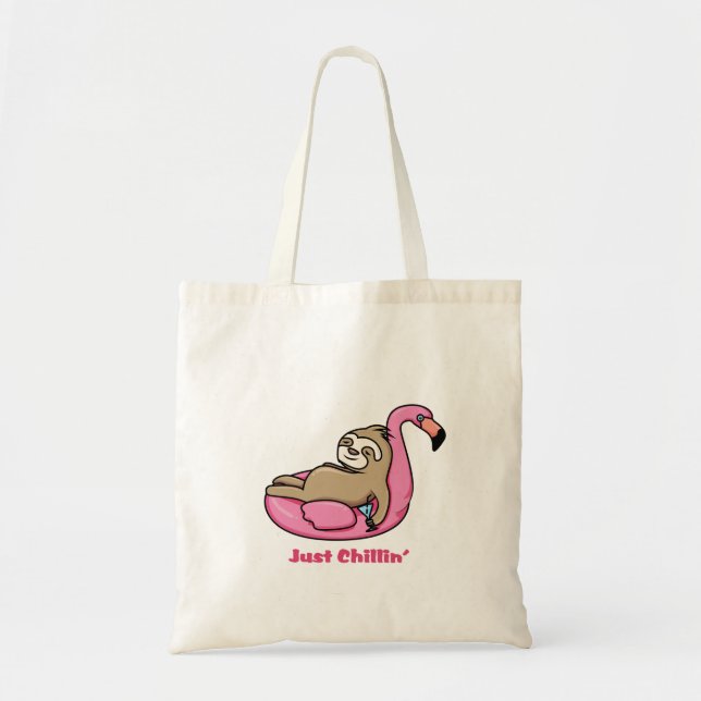 Bolso De Tela SÓLO CHILLIN' - Lazy Sloth y Pink Flamingo (Frente)