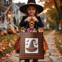 Bolso De Tela Sombrero de Bruja de Halloween de Cuadros Naranja 