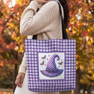 Bolso De Tela Sombrero de Bruja de Halloween de Gingham Morado y