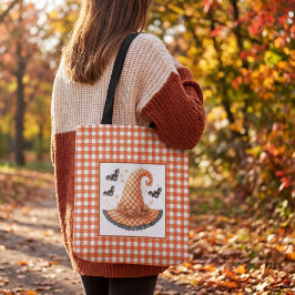 Bolso De Tela Sombrero de Bruja de Halloween de Gingham Naranja 