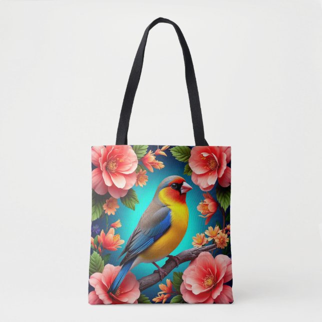 Bolso De Tela Songbird Encaramado Entre Flores Brillantes (Anverso)