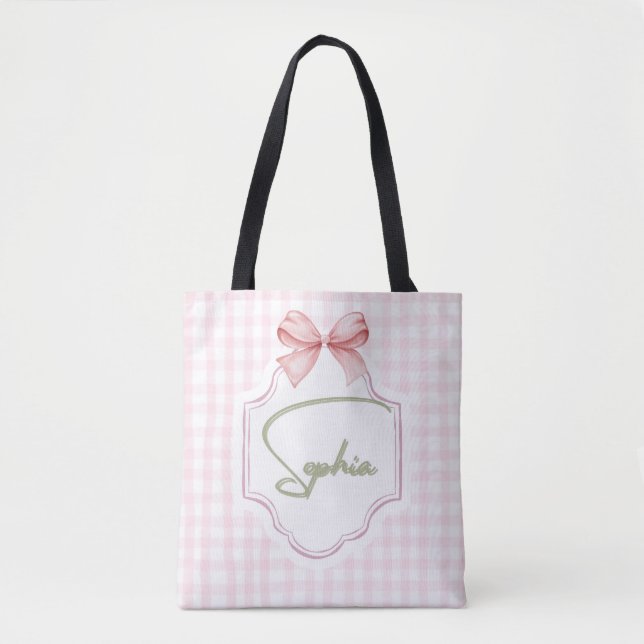 Bolso De Tela Sophia Personalizada Pink Bow & Gingham Print (Anverso)