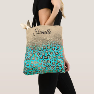 Bolso De Tela Sparkly Purpurinoso de Leopardo Turquesa