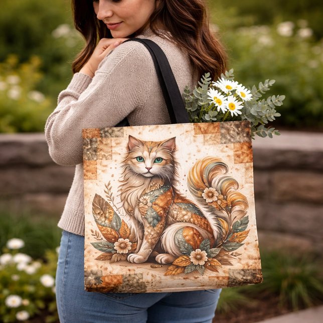 Bolso De Tela Spirit Cat, Boho Patchwork Rustic Folk Art (Subido por el creador)