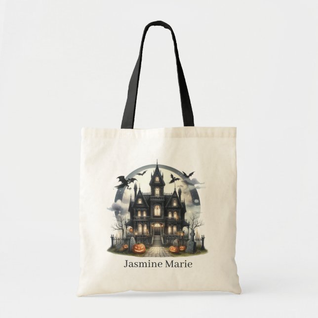 Bolso De Tela Spooky Haunted House agrega truco de nombres (Frente)